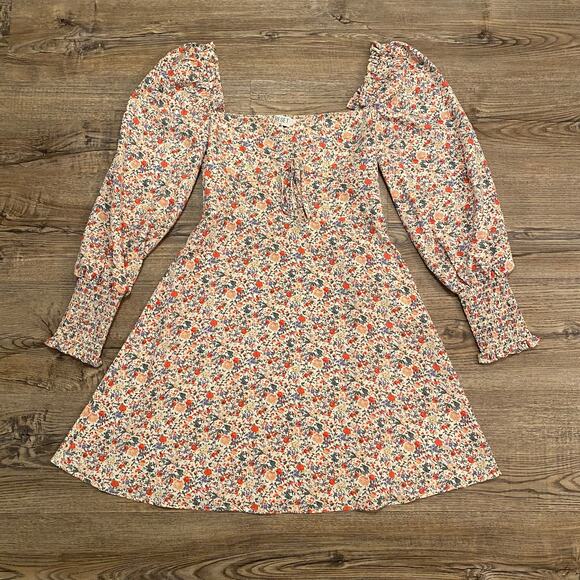 Reset Women's size Small White Floral Sweetheart Neckline Long Sleeve Mini Dress - Picture 1 of 7